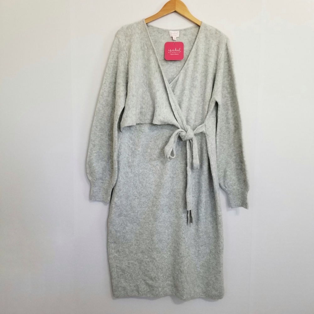 NWT Isabel Maternity Gray Faux Wrap Sweater Dress Size Large